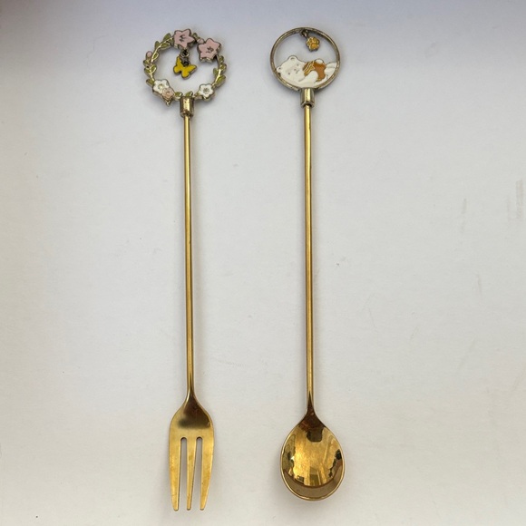 Gold Enamel Fork and Spoon Set - Picture 2 of 7